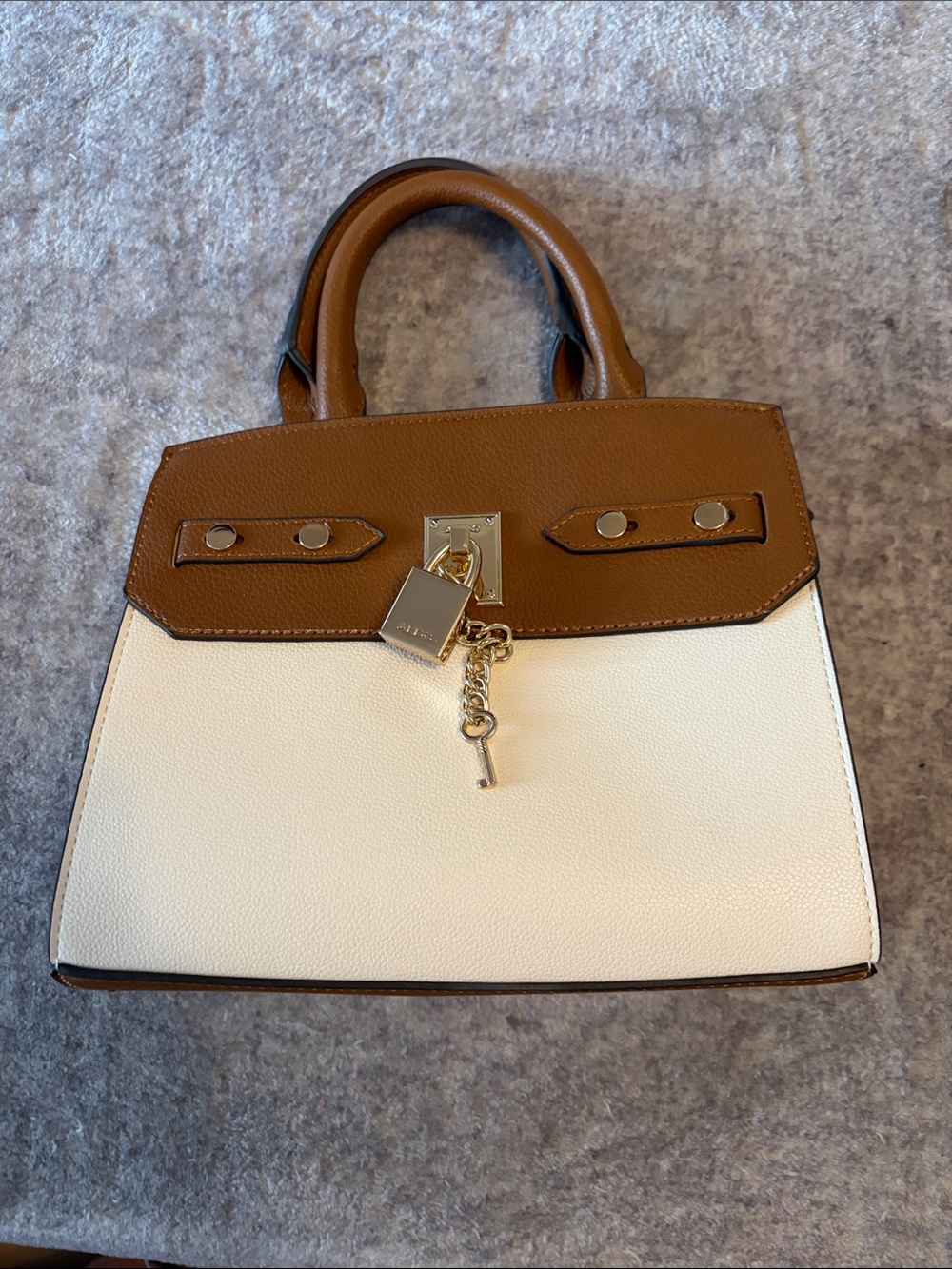 Aldo Two-Tone Brown and Cream Top-Handle Satchel with Gold Lock Charm